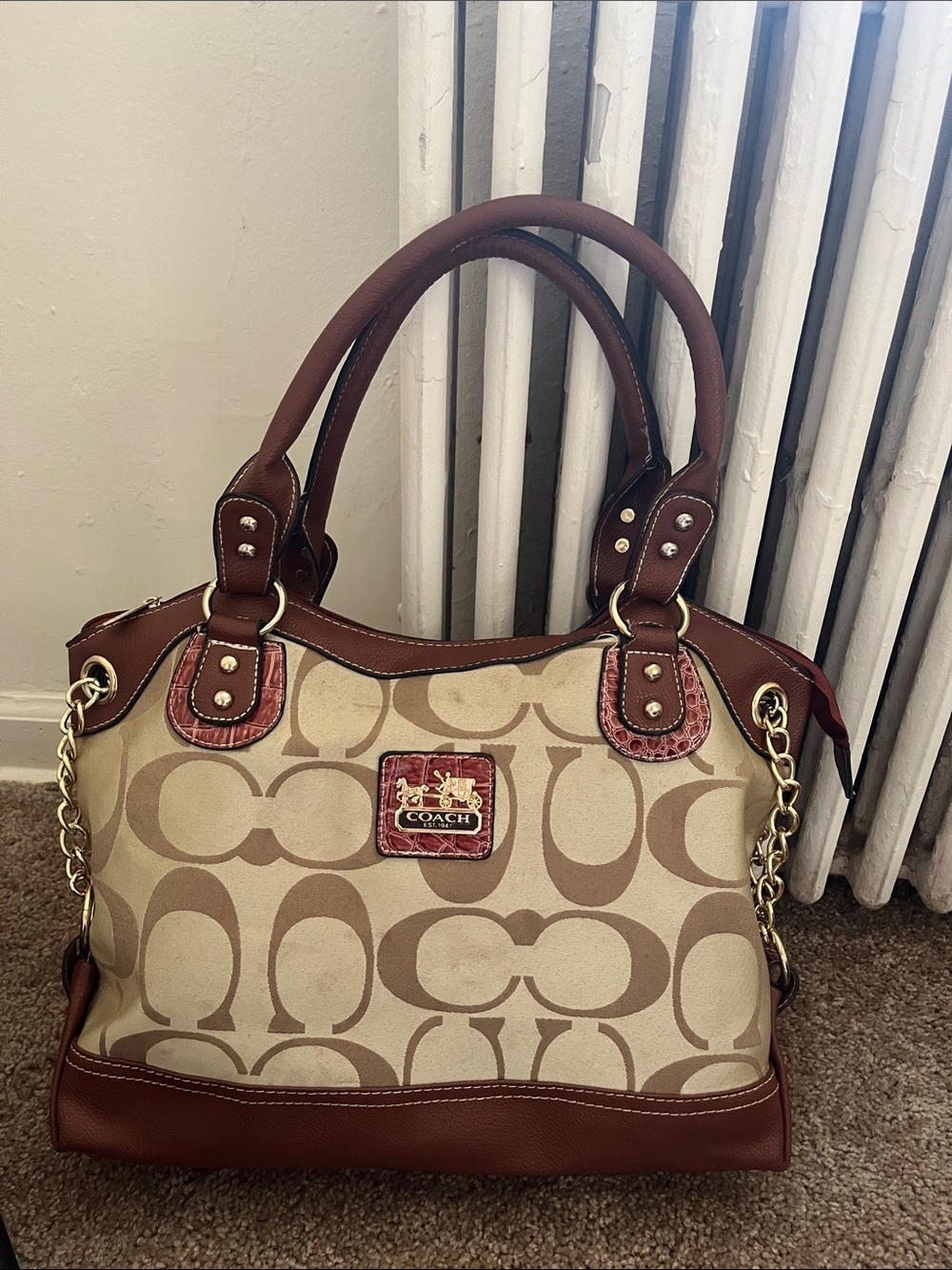 Coach Signature Canvas Shoulder Bag in Brown and Cream